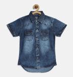 Palm Tree Navy Blue Faded Chambray Casual Shirt Boys