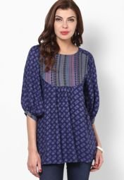 People Blue Embroidered Rayon Tops women