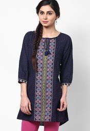 People Blue Printed Cotton Blend Kurta women