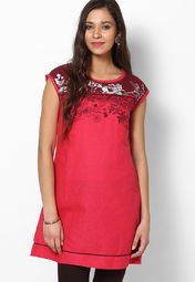 People Cotton Linen Red Printed Kurta Women