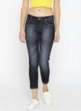 People Navy Blue Skinny Fit Mid Rise Clean Look Stretchable Cropped Jeans Women