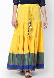 Peppertree Cotton Yellow Long Skirt With Border & Latkan Women