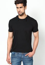 Phosphorus Black Solid Half Sleeve Hooded T Shirt Men