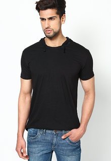 Phosphorus Black Solid Half Sleeve Hooded T Shirt men