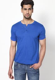 Phosphorus Blue Solid Half Sleeve Henley T Shirt Men