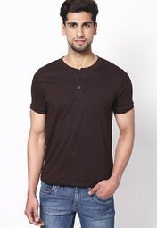 Phosphorus Brown Solid Half Sleeve Henley T Shirt Men