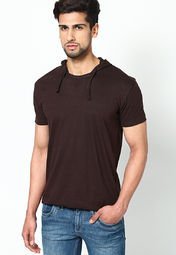 Phosphorus Brown Solid Half Sleeve Hooded T Shirt Men