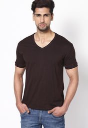 Phosphorus Brown Solid Half Sleeve V Neck T Shirt Men