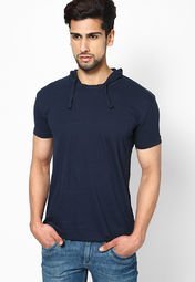 Phosphorus Navy Blue Solid Half Sleeve Hooded T Shirt Men