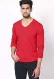 Phosphorus Red Solid Full Sleeve V Neck T Shirt Men