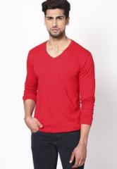 Phosphorus Red Solid Full Sleeve V Neck T Shirt men