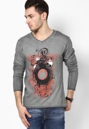 Phosphorus Trendy Cold Pigment Dyed Dark Grey Printed V Neck T Shirt Men