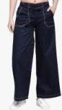 Pluss Navy Blue Solid Flared Parallel Trouser Women