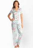 Prettysecrets Aqua Floral Button Front Short Sleeve Top And Pajama Nightwear Sets Women