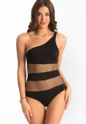 Prettysecrets Black One Shoulder Fishnet Insert On Swim Suit Women