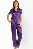 Prettysecrets Purple Button Front Short Sleeve Top And Pajama Nightwear Sets Women