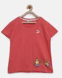 Puma Coral Orange Minions Solid Round Neck T Shirt Girls