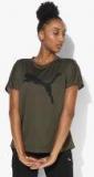 Puma Olive Self Design Regular Fit Round Neck T Shirt Women