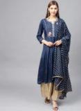 Rain & Rainbow Navy Blue & Beige Yoke Design Kurta With Palazzos & Dupatta women