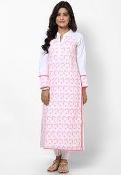 Raindrops Neon Pink And White Schiffli Cotton Kurti Women