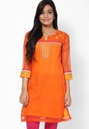 Rangriti Cotton Blend Orange Kurta Women