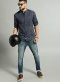 Roadster Blue & Grey Regular Fit Checked Casual Shirt Men