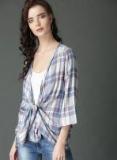 Roadster Blue & White Checked Open Front Shrug Women