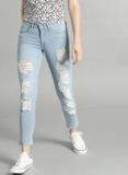 Roadster Blue Skinny Fit Mid Rise Highly Distressed Stretchable Cropped Jeans Women