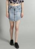 Roadster Blue Washed Denim A Line Skirt Women