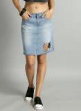 Roadster Blue Washed Distressed Denim Skirt Women