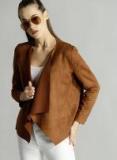 Roadster Brown Solid Suede Finish Waterfall Shrug Women