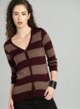 Roadster Maroon & Beige Self Design Cardigan Women