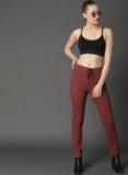 Roadster Maroon Skinny Fit Solid Regular Trouser Women