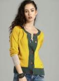 Roadster Mustard Yellow & Green Solid Cardigan Women