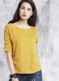 Roadster Mustard Yellow Solid Boat Neck T Shirt Women