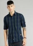 Roadster Navy Blue & Green Regular Fit Checked Casual Shirt Men