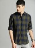 Roadster Navy Blue & Olive Green Regular Fit Checked Casual Shirt Men