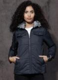 Roadster Navy Blue Self Pattern Winter Jacket Women