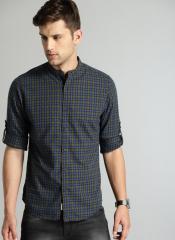 Roadster Olive Green & Blue Regular Fit Checked Casual Shirt men