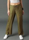 Roadster Olive Green Regular Fit Solid Regular Trousers Women