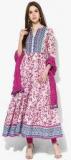 Sangria 3/4Th Sleeves Multicoloured Embellished Long Length Flared Kurta Alongwith Pink Color Churidar And Dupatta women