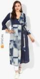 Sangria Authentic Indigo Printed Cotton Shrug With Tie Up And Flared Sleeve Hem Detail Women