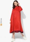 Sangria Band Collar 3/4Th Sleeves Red Textured Dress With Pin Tuck Yoke Detail Women