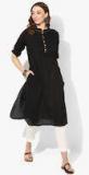 Sangria Band Collar Buttton Down Kurta In Black With Embroidery Women