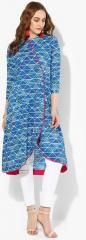 Sangria Band Collar Printed Cotton Tunic With Asymmetric Placket Detail women