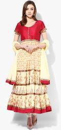 Sangria Beige And Red Color Block Printed Teared Elaborate Suit With Mirror Work On The Neck Alongwithred Churidar And Red Dupatta women