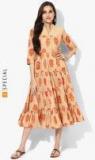 Sangria Beige Mandarin Collar 3/4Th Sleeves Block Printed Tier Anarkali Women