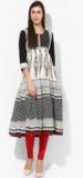 Sangria Black And White Printed Flared Suit With Embroider On The Neck And Gold Print Highlighting All Over Alongwith Red Churidar And Gold Block Printed Red Voile Crushed Dupatta women