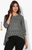 Sangria Black Round Neck Rolled Up Sleeve Geometric Printed Top Women