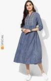 Sangria Blue Band Collar 3/4Th Sleeves Rayon Flared Printed Kurta With Embroidery Women